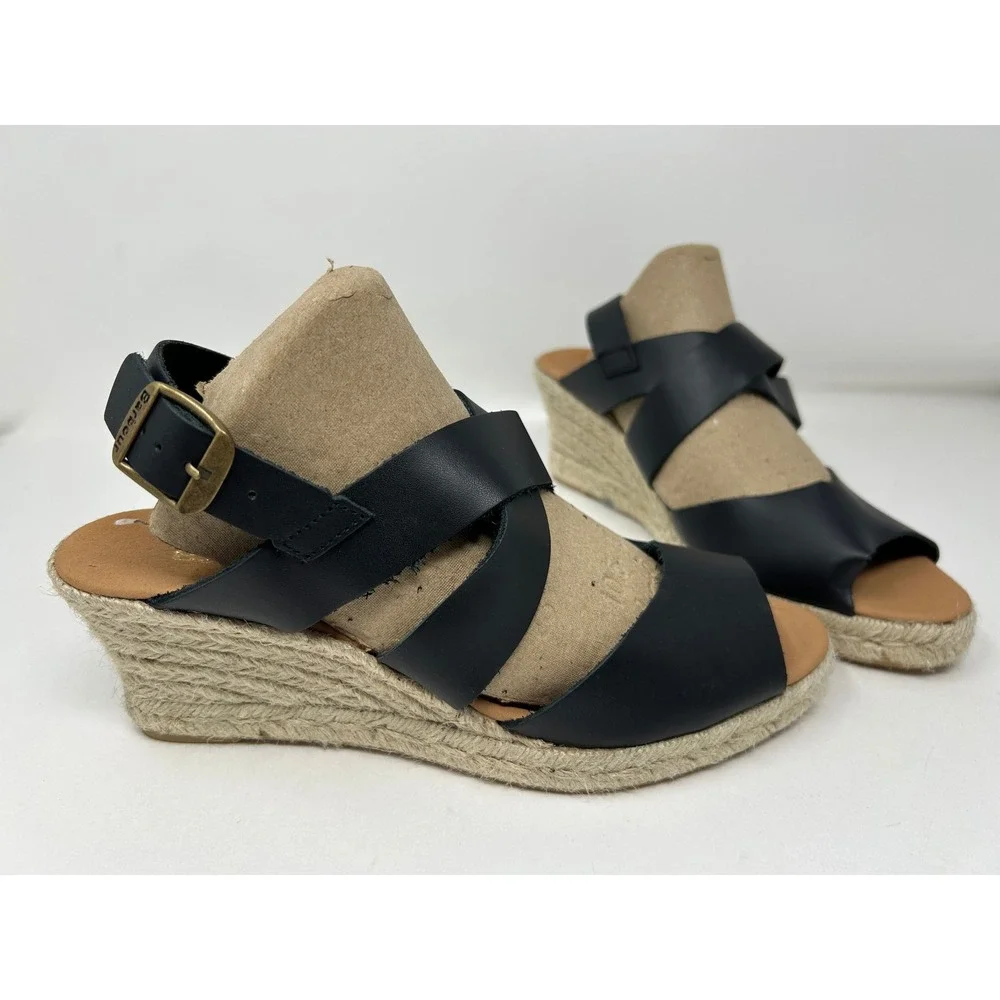 Barbour Black Leather Espadrille Wedge Sandals Buckle Ankle Strap Women's Size 9